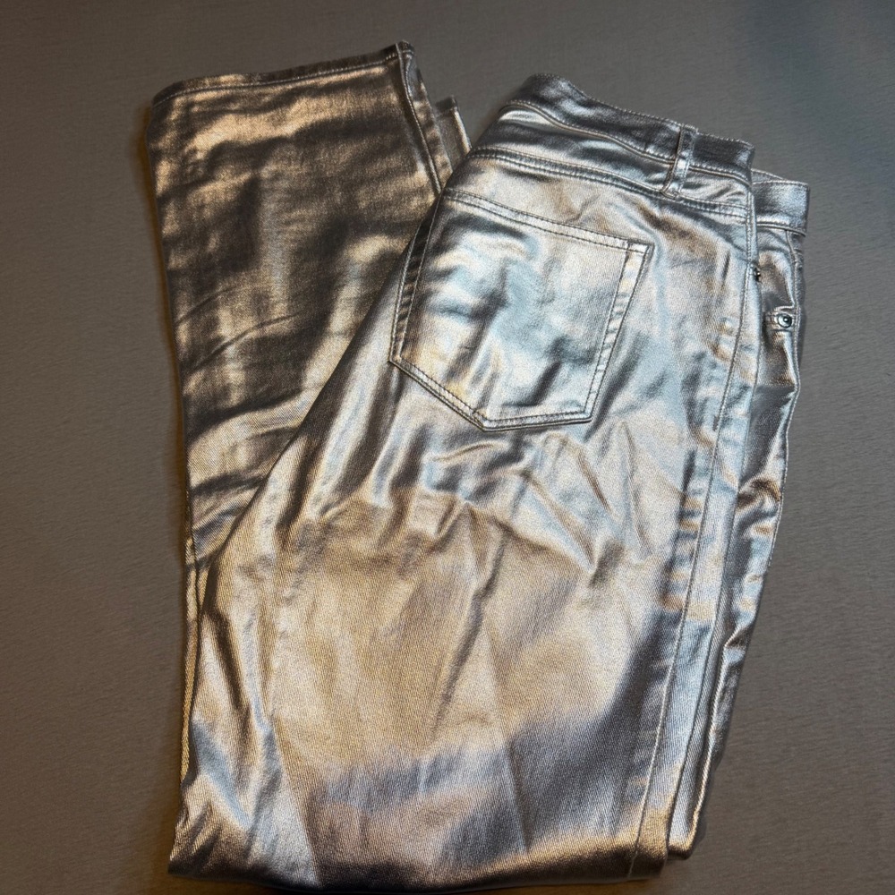 Loft The Straight Metallic Silver Coated Jeans High Rise Straight Leg Size 8 29
